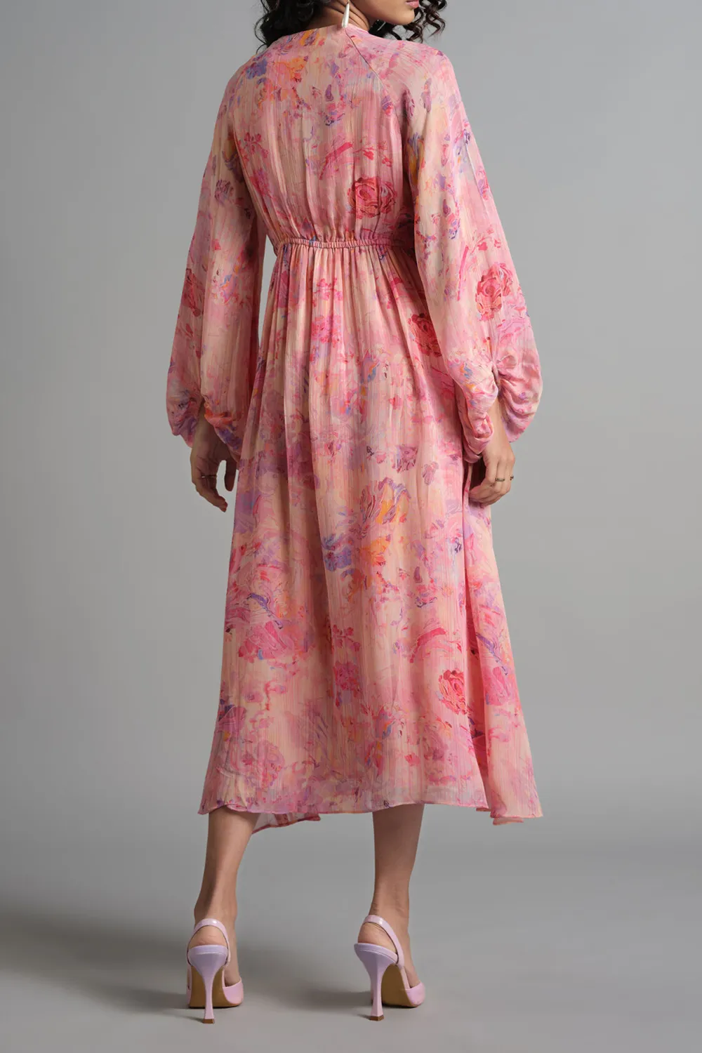 V-Neck Casual Style Pink Dress